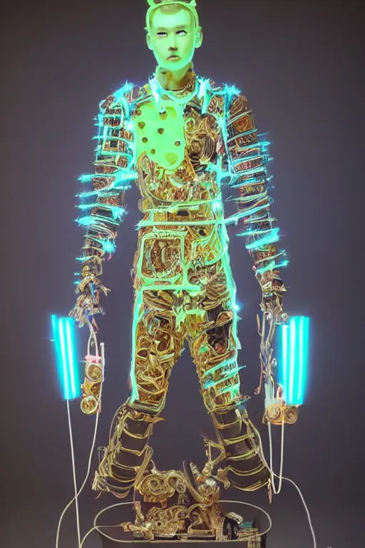 Image similar to full-body neon porcelain bladerunner style sculpture of a young handsome Japanese samurai prince as a half android with a porcelain chest opening exposing circuitry and electric sparks, glowing laser beam eyes, crown of giant diamonds, flowing neon-colored silk, fabric, raptors. baroque elements. full-length view. baroque element. intricate artwork by caravaggio. Very very very very highly detailed epic photo of face. Trending on artstation, octane render, cinematic lighting from the right, hyper realism, octane render, 8k, depth of field, 3D