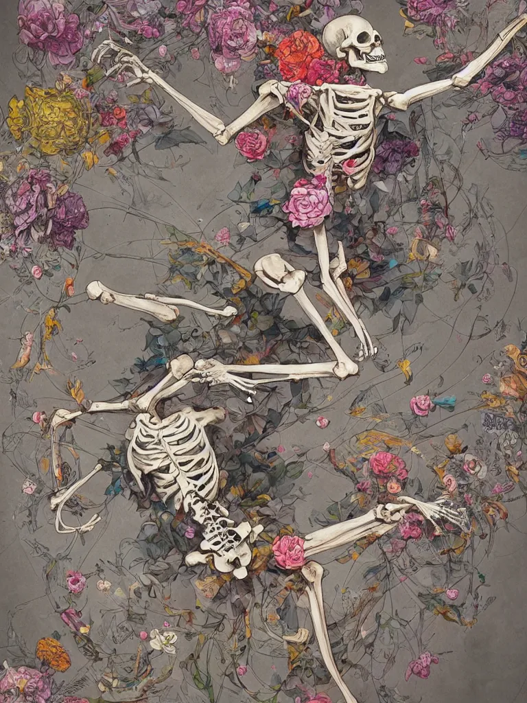 Prompt: a realistic skeleton covered in flowers in a dynamic pose, in the style of james jean and peter mohrbacher, highly detailed, soft lighting,