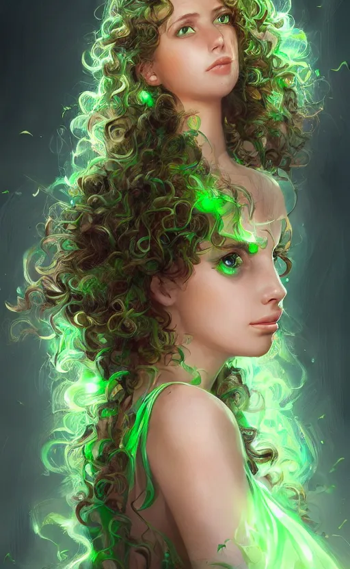 Image similar to a young woman with wild, curly hair and bright green eyes. she's wearing a flowing dress made of light, airy fabric and she has a mischievous look on her face, dynamic lighting, photorealistic fantasy concept art, trending on art station, stunning visuals, creative, cinematic, ultra detailed