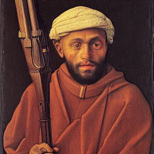 Prompt: jan van eyck portrait of bedouin man with rifle, - n 4