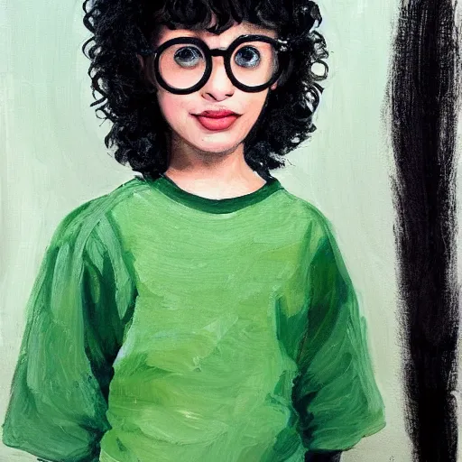 Prompt: a cute girl with a big curly black hair, wears a green shirt, she wears harry potter glasses, oil painting