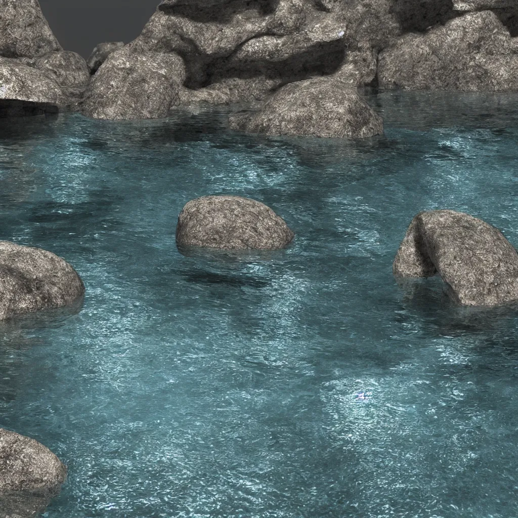 Image similar to greek island cave water reflecting on the stone, caustics, light, octane render, blender, c 4 d, maya