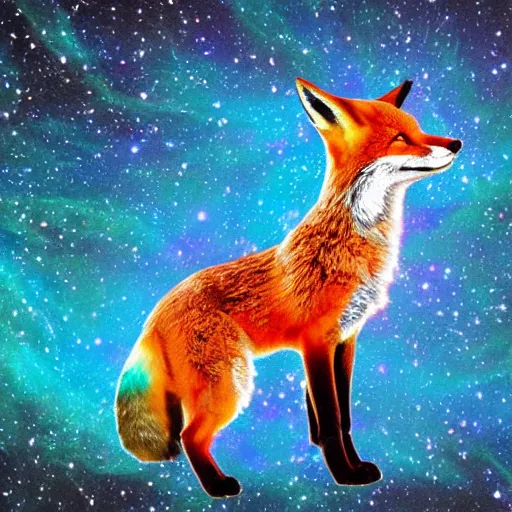 Prompt: fox fading into the universe surrounded by explosions