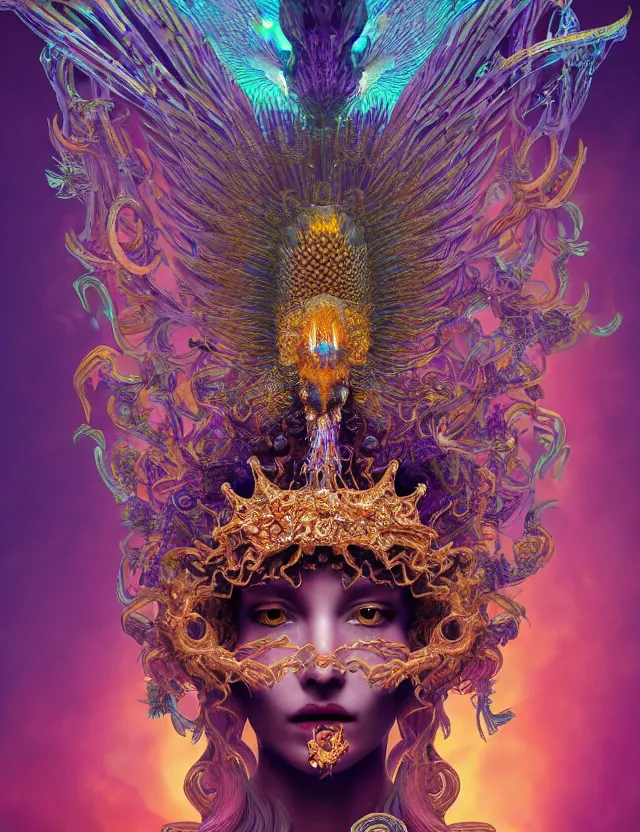 Image similar to goddess phoenix macro close - up portrait with crown made of ram skull. phoenix, betta fish, jellyfish, bioluminiscent, plasma, wind, creature, super intricate ornaments artwork by tooth wu and wlop and beeple and greg rutkowski