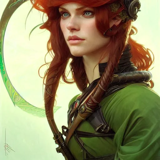 Prompt: Portrait of serious female ranger, D&D, green eyes, face, long red hair, fantasy, intricate, elegant, highly detailed, digital painting, artstation, concept art, smooth, sharp focus, illustration, art by artgerm and greg rutkowski and alphonse mucha