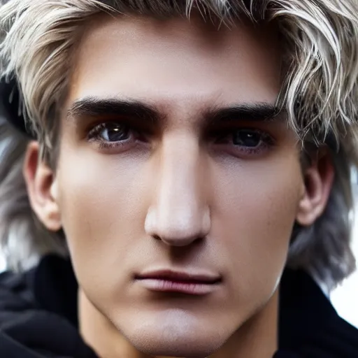 Image similar to a closeup shot of handsome xqc, gigachad, strong jawline, photorealism, 8k