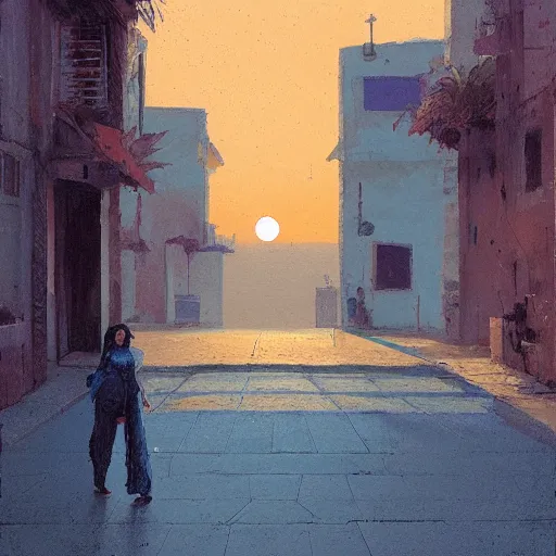 Image similar to a woman facing a blue portal on the street, which shows a beach at sunset, greg rutkowski