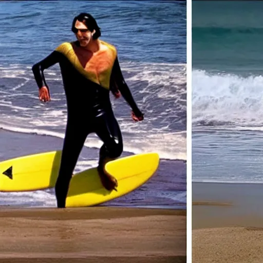 Image similar to surfing keanu reeves as mr. bean as the joker from batman, surfing still from batman vs bean at the beach, 2 0 2 0