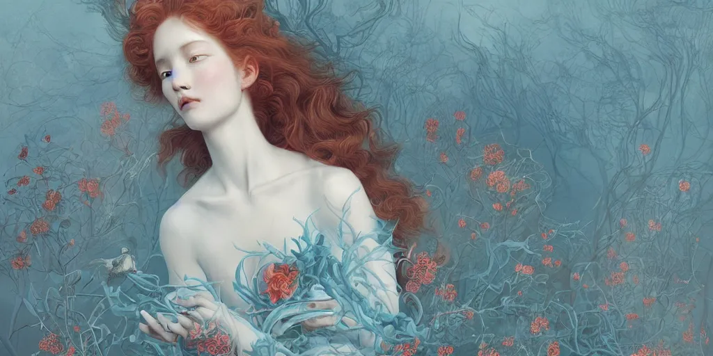 Image similar to breathtaking detailed concept art painting blend of few red curly hair goddesses of light blue flowers by hsiao - ron cheng with anxious piercing eyes, vintage illustration pattern with bizarre compositions blend of flowers and fruits and birds by beto val and john james audubon, exquisite detail, extremely moody lighting, 8 k