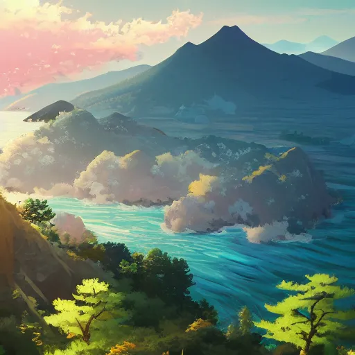 Image similar to A beautiful painting of japan coast with mountains ,Anime ,nature ,illustration, Nature wallpaper, Bright and airy, Aerial, Makoto shinkai ,Trending on artstation