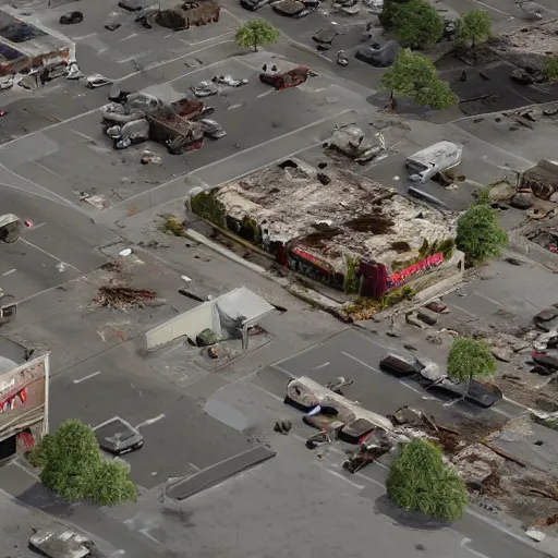 Image similar to top down aerial view of dilapidated gas - station with supermarket and shopping street in real life, desolate with zombies, dilapidated, zombies in the streets, nightmarish, some rusted style parked vehicles, sunny weather, few clouds, volumetric lighting, photorealistic, daytime, autumn, sharp focus, ultra detailed, cgsociety