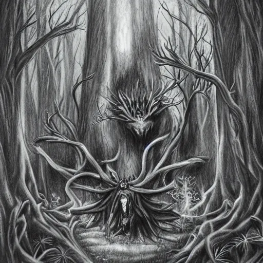 Prompt: an ultra realistic very complex high detailed horror fairy dark forest with creepy monster and creatures, pencil drawing