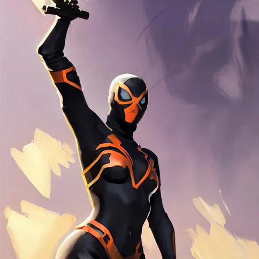 Image similar to greg manchess portrait painting of an armored dark female iron spiderman as overwatch character, medium shot, asymmetrical, profile picture, organic painting, sunny day, matte painting, bold shapes, hard edges, street art, trending on artstation, by huang guangjian, gil elvgren, ruan jia, greg rutkowski, gaston bussiere