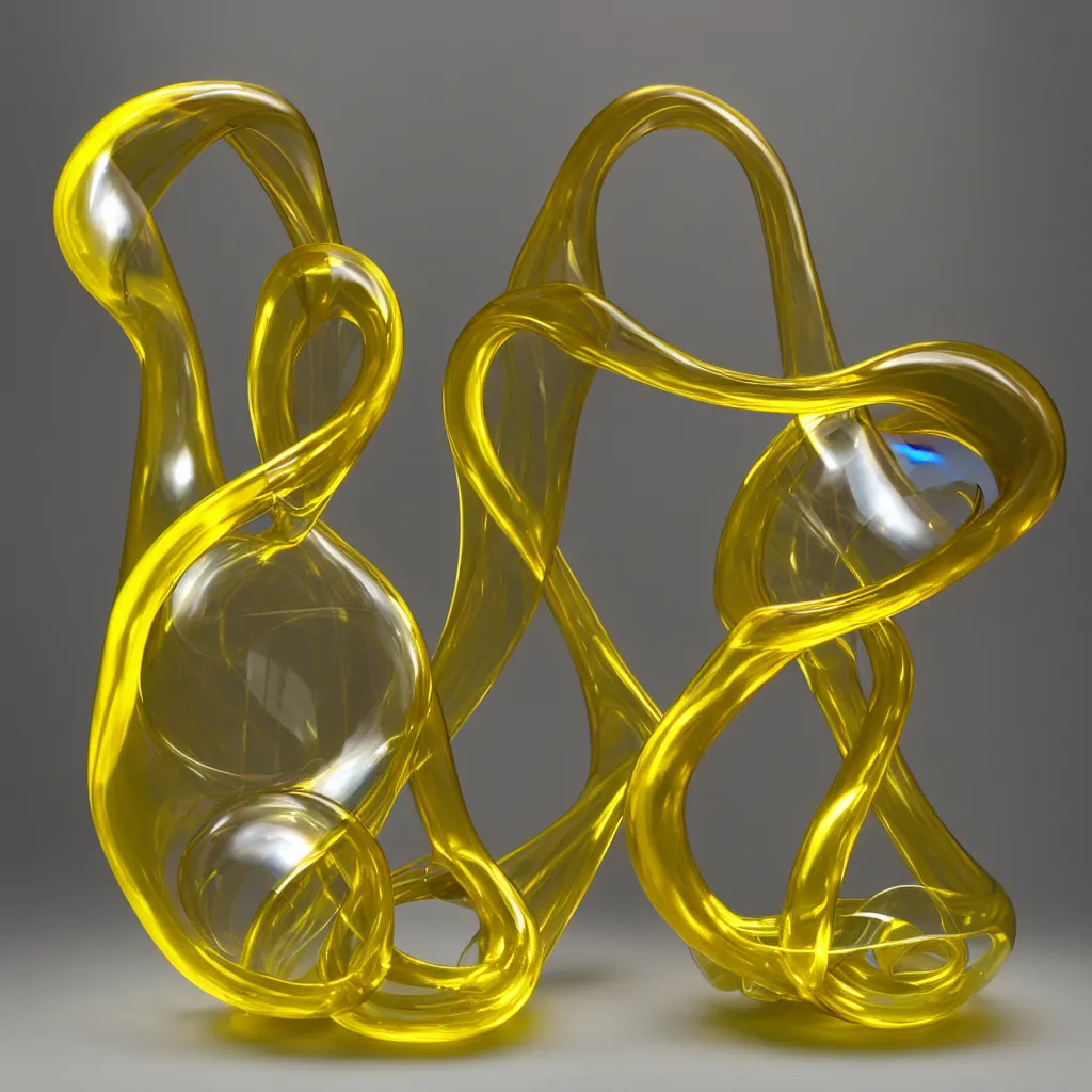 Prompt: unfinished klein bottle sculptural, chroma iridescence, golden colors, glassy, reflective and refractive, soap bubbles floating