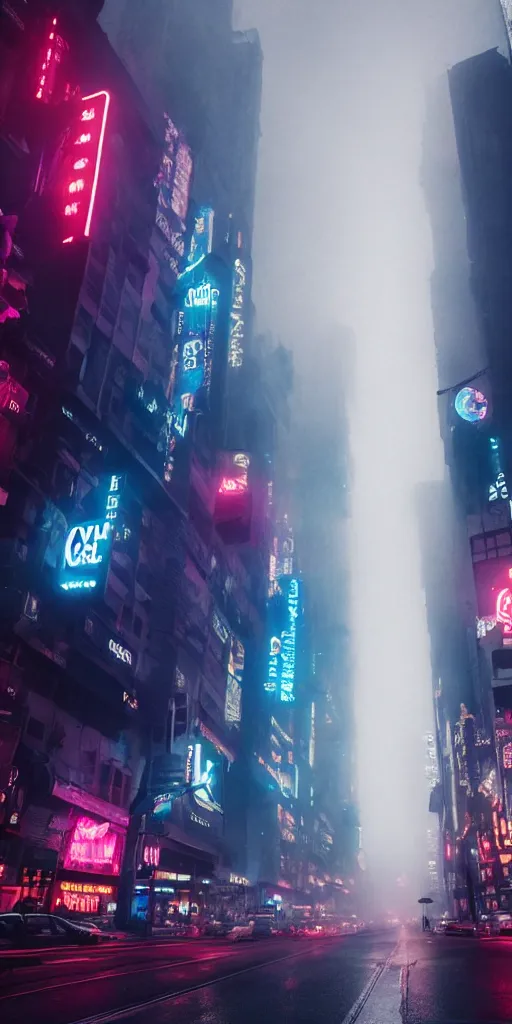 Image similar to city streets, neon signs, giant screens, eerie fog, blade runner, ex machina