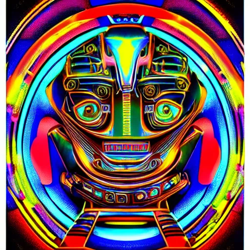 Image similar to hyperdetailed portrait of a cyberpunk aztec futurism robot head, 8 k, symetrical, trippy flourescent colors, halluzinogenic, tshirt art, black background