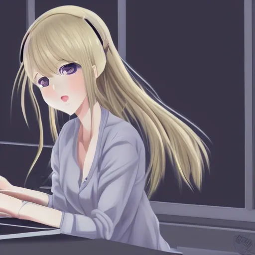 Prompt: advanced digital anime art, a seductive female teen with red eyes and blonde hair that is to waist length wearing a dark grey school outfit sitting on a desk in a classroom at night . drawn by Shikamimi, in the style of WLOP and rossdraws