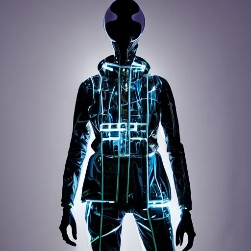 Image similar to a intricate, beautiful mannequin designed by hans boodt, ash thorp, wearing a futuristic cyberpunk garment, puffy jacket, shiny trousers, cinematic lighting, fashion photography