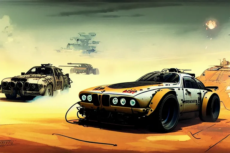 Prompt: dieselpunk mad max's bmw m 1 alpine a 1 1 0 : : speeding over the horizon : : painted by greg rutkowski makoto shinkai takashi takeuchi studio ghibli, akihiko yoshida