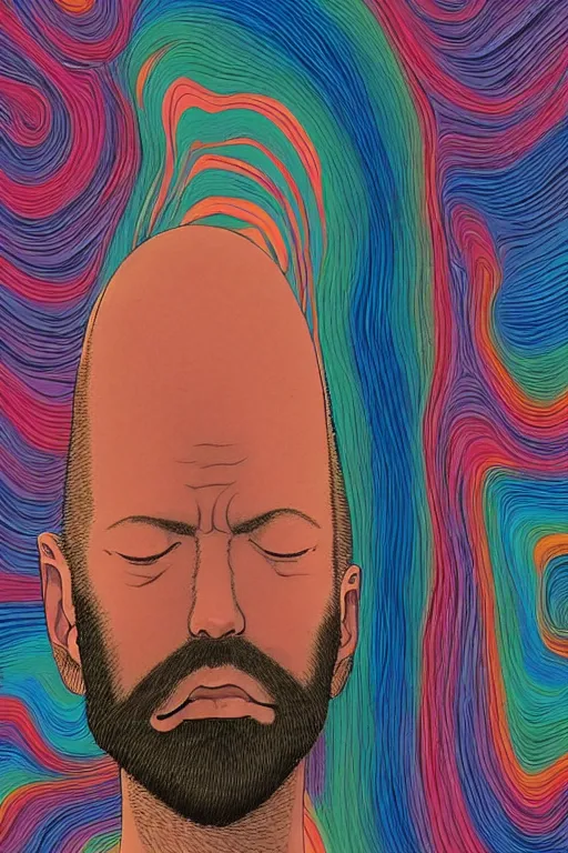 Prompt: a colorful closeup portrait of a young bald man with a very long wild beard dreaming psychedelic hallucinations in the vast icy landscape of antarctica, by kawase hasui, moebius and edward hopper, colorful flat surreal design, hd, 8 k, artstation