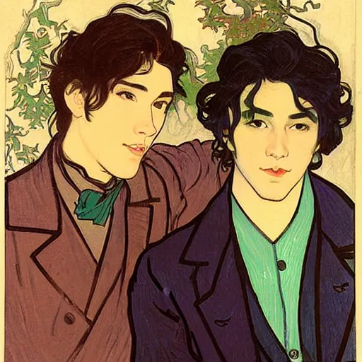 Image similar to painting of young cute handsome beautiful dark medium wavy hair man in his 2 0 s named shadow taehyung and cute handsome beautiful min - jun together at the halloween! party, bubbling cauldron!, candles!, smoke, autumn! colors, elegant, wearing suits!, clothes!, delicate facial features, art by alphonse mucha, vincent van gogh, egon schiele