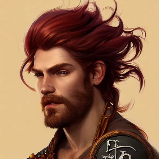 Prompt: portrait of a young ruggedly handsome but optimistic pirate, male, masculine, upper body, red hair, very long hair, d & d, fantasy, intricate, elegant, highly detailed, digital painting, artstation, concept art, matte, sharp focus, illustration, art by artgerm and greg rutkowski and alphonse mucha