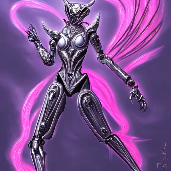 Image similar to highly detailed exquisite fanart, of a beautiful female warframe, but as an anthropomorphic robot dragon, shiny silver armor engraved, Fuchsia skin beneath the armor, elegant pose, close-up shot, full body shot, epic cinematic shot, long elegant tail behind, sharp claws, robot dragon hands and feet, professional digital art, high end digital art, singular, realistic, DeviantArt, artstation, Furaffinity, 8k HD render