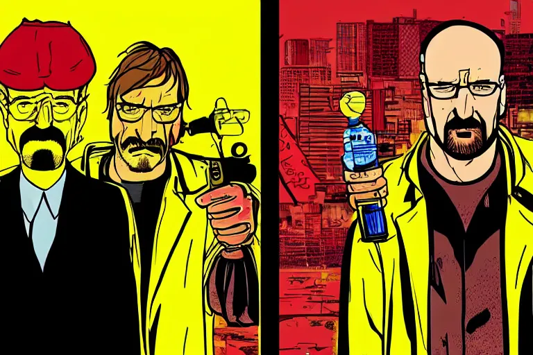 Prompt: saul goodman and walter hartwell white in the cyberpunk : edgerunners, cartoon image, breaking bad, cyber city, wide shot,