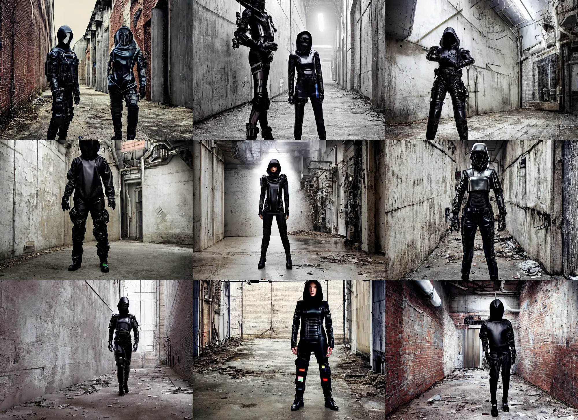 Prompt: beautiful fashion model with white sci - fi tactical gear, black leather garment, hologram sci - fi hood, full shot fashion photography, alleyway, abandoned factory, battle ready, by irving penn and storm thorgerson, ren heng, peter elson