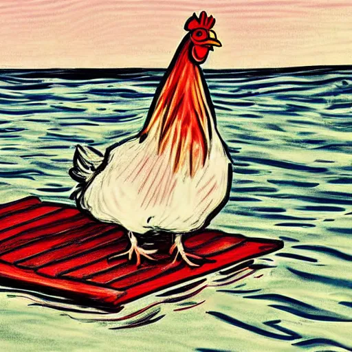 Prompt: digital art of a chicken on a raft, realistic, stylized, artstation, edward munch