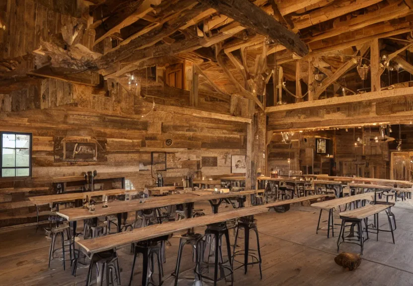 Image similar to interior barn renovation as folk music event space rustic with bar and cafe tables 8k photorealistic