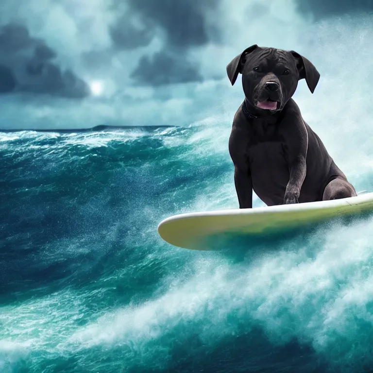 Prompt: photo of a dark charcoal coat pit bull with a white paws, surfing on a surfboard in a crashing wave of alien ocean in space, background is an alien galaxy, matte, aliens in the background, alien colors, octane render, unreal engine, wide view, 8 k, high detaild