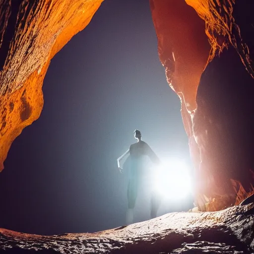 Prompt: photo of a giant orange glowing transparent humanoid of one thousand feet of height standing next to a building inside a cave