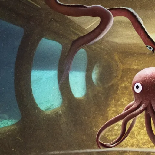 Prompt: a octopus with googles writing a novel in an old aquarium tank