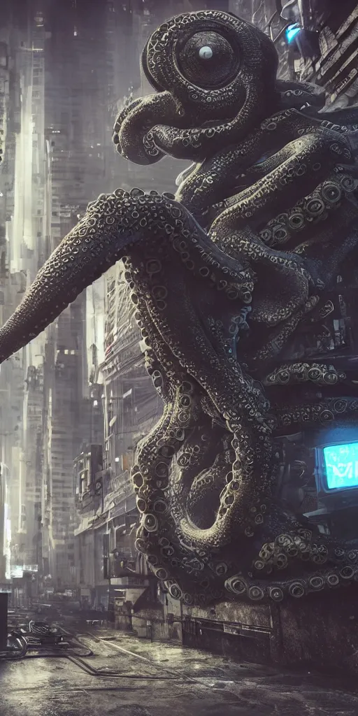 Prompt: hyperrealism, detailed textures, photorealistic 3 d cyberpunk octopus in apocalyptic city, futuristic clothing and helmet, ultra realistic, cinematic, intricate, cinematic light, unreal engine 8 k