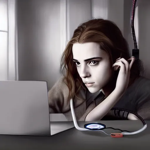 Image similar to a girl who is a mix of emma watson and scarlett johansson and nathalie portman, using a device to connect herself to a computer through an usb cable and a port in her arm, cables, it, very detailled, by david rutkowski and artgem