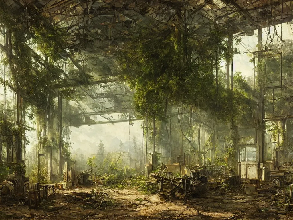 Prompt: Interior of a post apocalyptic gas station reclaimed by greenery, highly detailed, oil on canvas, by Ivan Shishkin and Aivazovsky