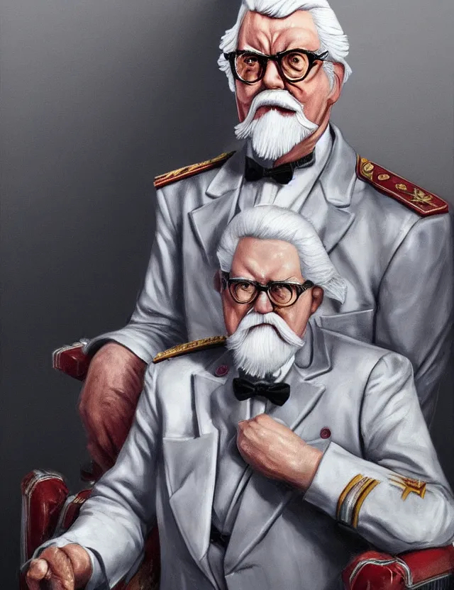 Image similar to a portrait of colonel sanders as a dictator, by moebius and tyler edlin and hr giger, trending on artstation, digital art, 4 k resolution, detailed, high quality, sharp focus, hq artwork, coherent, insane detail, concept art