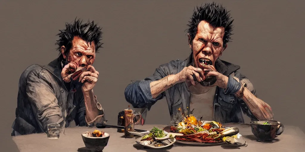 Image similar to cartoonish tom waits eating dinner, vivid colors, character sheet, fine details, concept design, contrast, kim jung gi, greg rutkowski, trending on artstation, 8 k, full body, turnaround, front view, back view, ultra wide angle