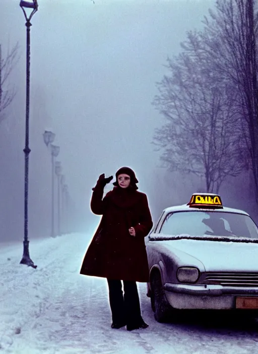 Image similar to emma getting out of taxi in winter, faded color film, russian cinema, tarkovsky, kodachrome, heavy fog, 4 k, dramatic lighting, greg rutkowski