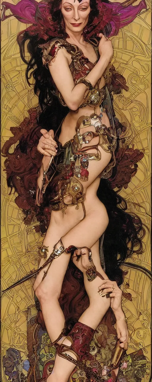 Prompt: striking sensual colorful art nouveau style portrait of anjelica huston as an industrial leatherpunk rebel commander by glenn fabry, simon bisley and alphonse mucha, photorealism, extremely hyperdetailed, perfect symmetrical facial features, perfect anatomy, ornate declotage, spikes, latex, excited expression, wild eyes