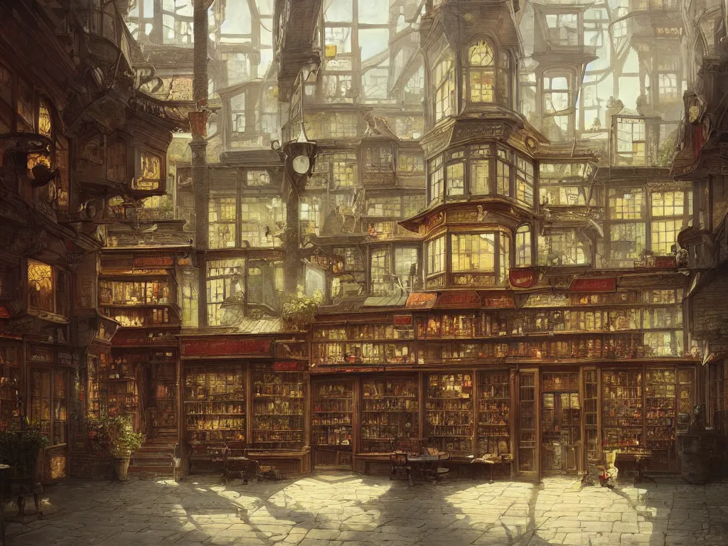 Image similar to a beautifully and highly detailed painting of a tea shop, by marc simonetti, david friedrich and franz sedlacek,