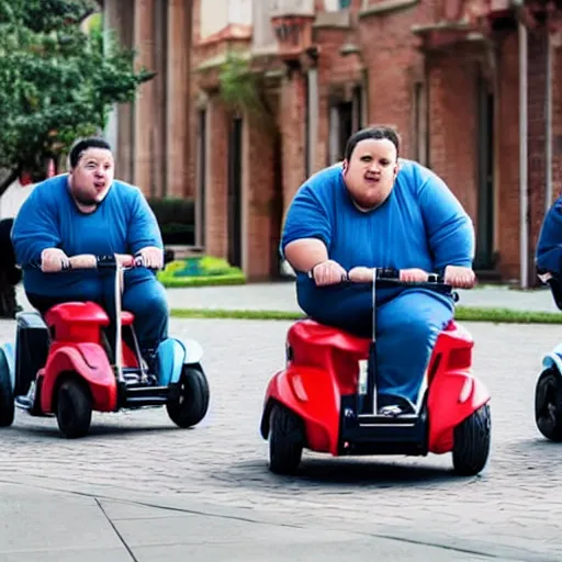 Prompt: three young extremely overweight man with down syndrome on an electric scooter