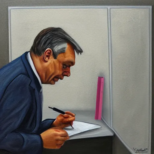 Image similar to viktor orban drawing doodles in a cubicle, oil painting