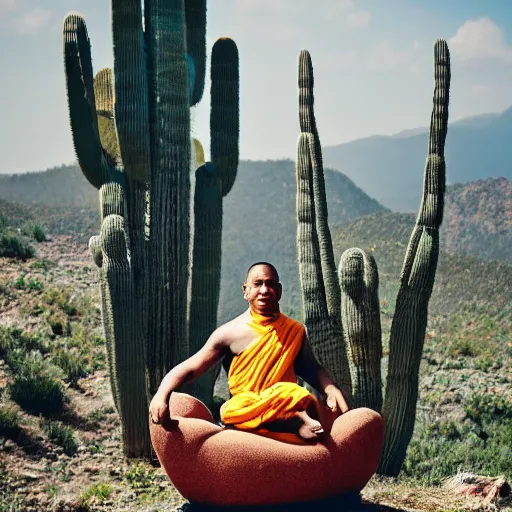 Image similar to monk sitting on a cactus chair on a mountaintop