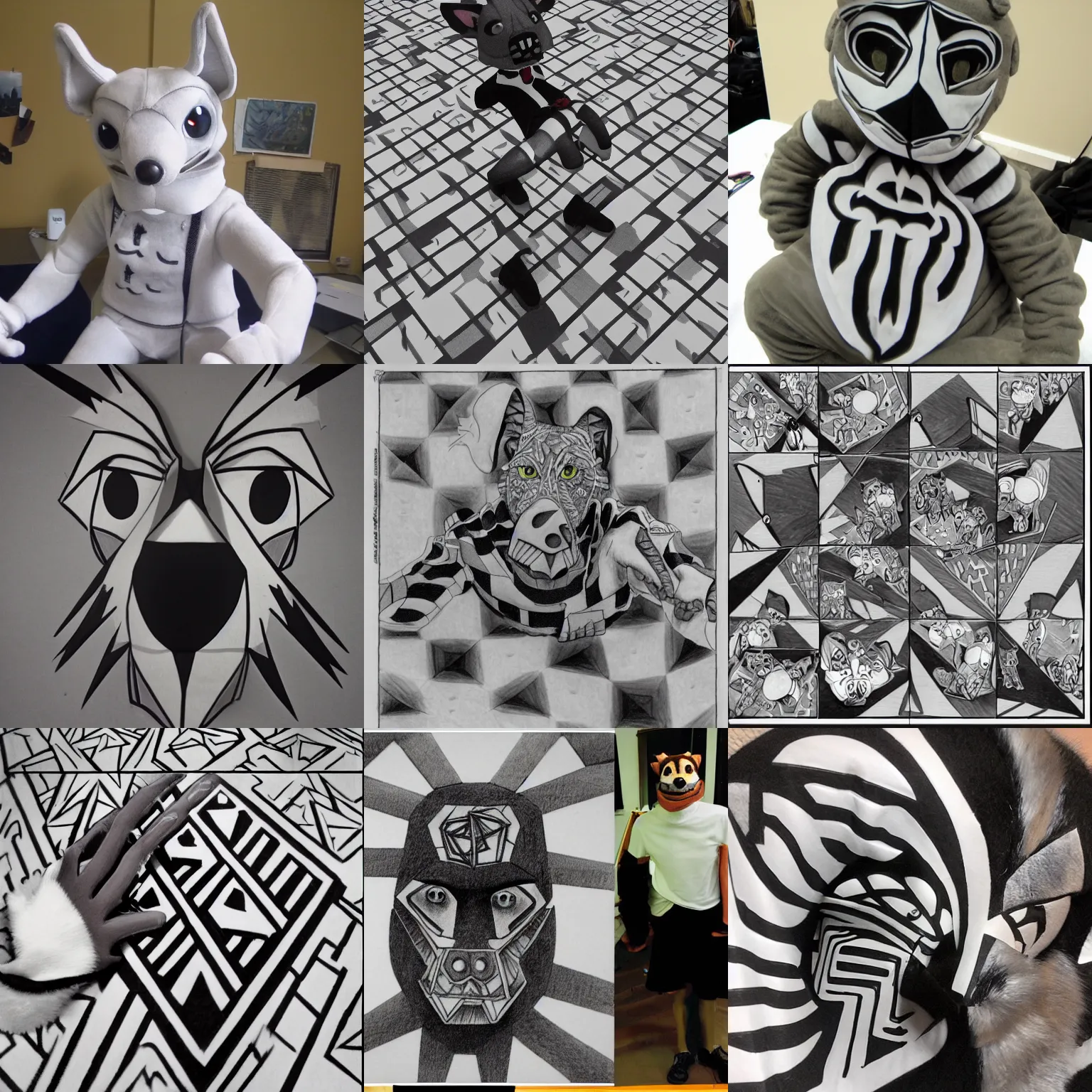 Prompt: my fursuit is an mc escher drawing