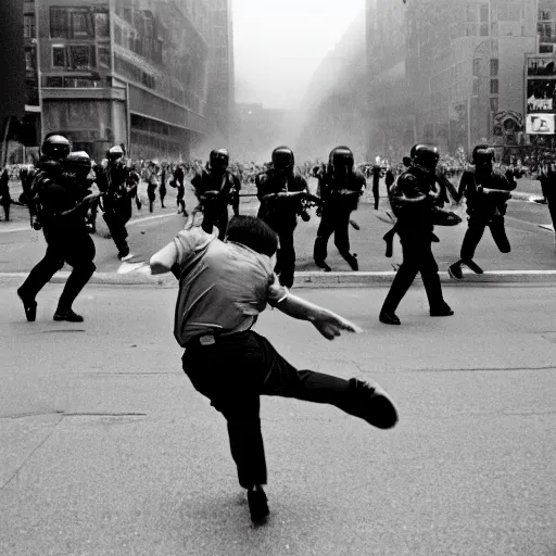 Image similar to a young man throwing a rabbit at a riot cop, leica m 9, voigtlander 3 5 mm, 1 9 6 0 s