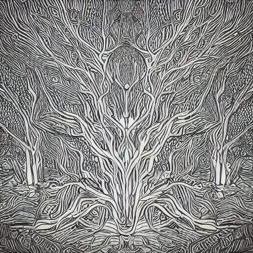 Prompt: “geometrically surreal order of trees, extremely high detail, photorealistic, intricate line drawings, dotart, album art in the style of James Jean”