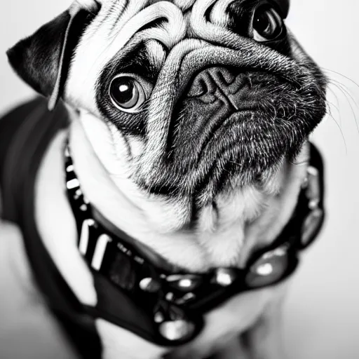 Image similar to portrait of a pug with an emo haircut, intricate detail, high contrast, studio photo, well lit,