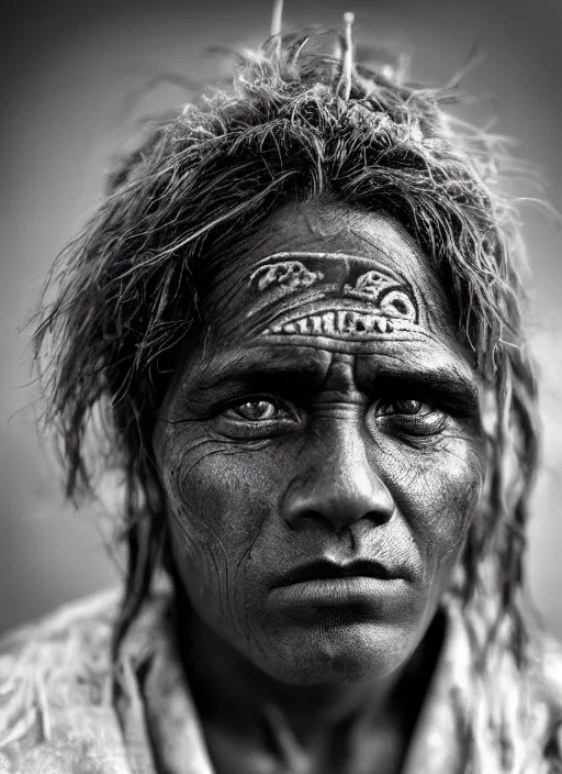 Image similar to Award winning Editorial photo of a Native Nauruans with incredible hair and beautiful hyper-detailed eyes wearing traditional garb by Lee Jeffries, 85mm ND 5, perfect lighting, gelatin silver process